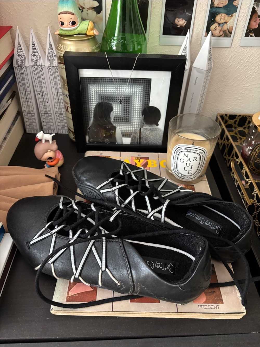 Jeffrey Campbell Black Lace-Up Ballet Flats with Contrast Laces